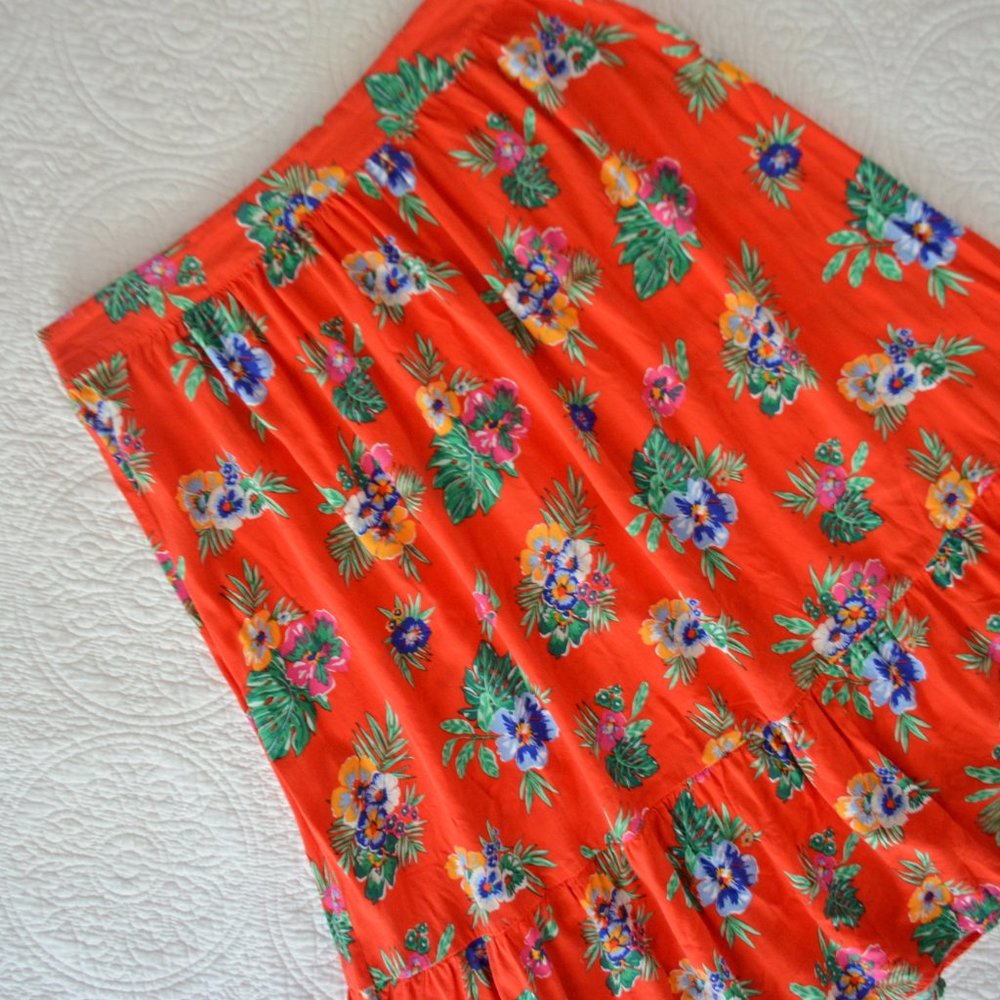 Old Navy Partial Elastic Waist Red Tropical Print Midi Skirt